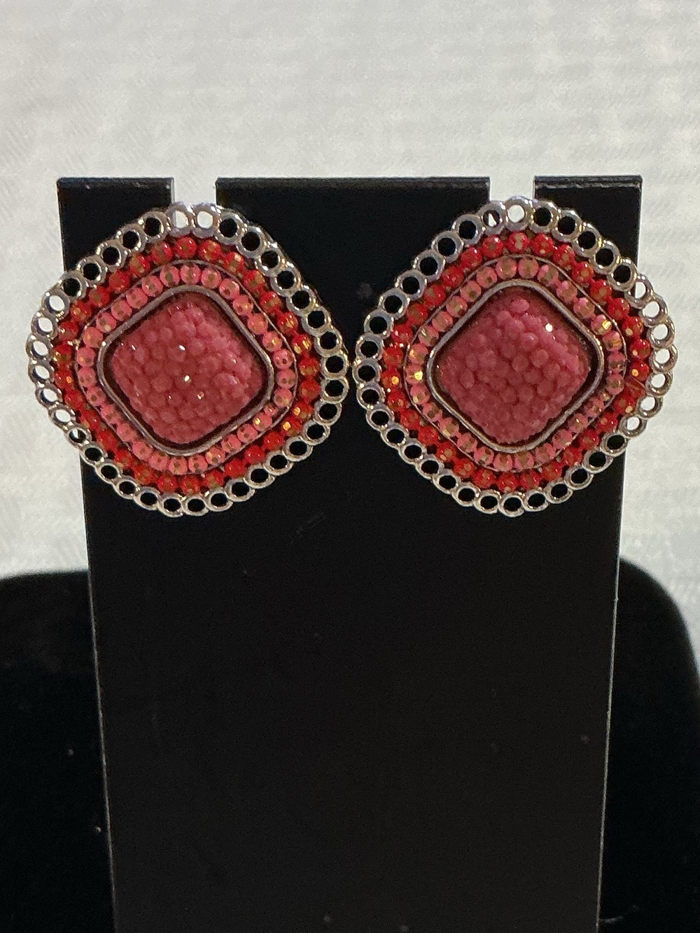 Pink and Red Beaded Acrylic Silver and Gold Silver Tone Stud Earrings